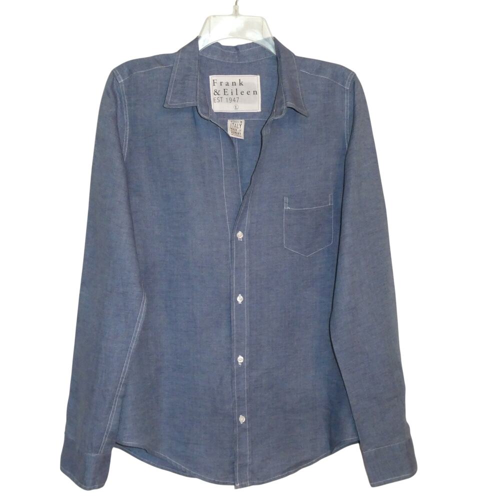 Frank & Eileen Barry 100% Linen Chambray Blue Button Up Shirt Large